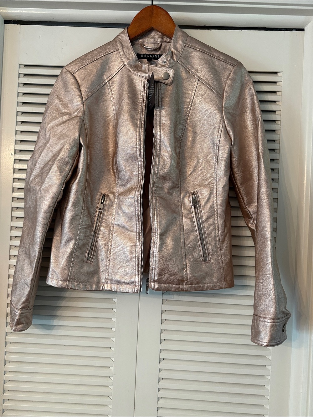 Baccini Metallic Rose Gold Leather Moto Jacket